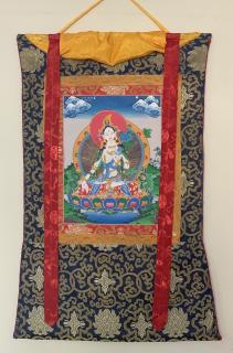 HAND-PAINTED WHITA TARA TIBETAN THANGKA, THANKA, ART, PAINTING WITH SILK BORDER